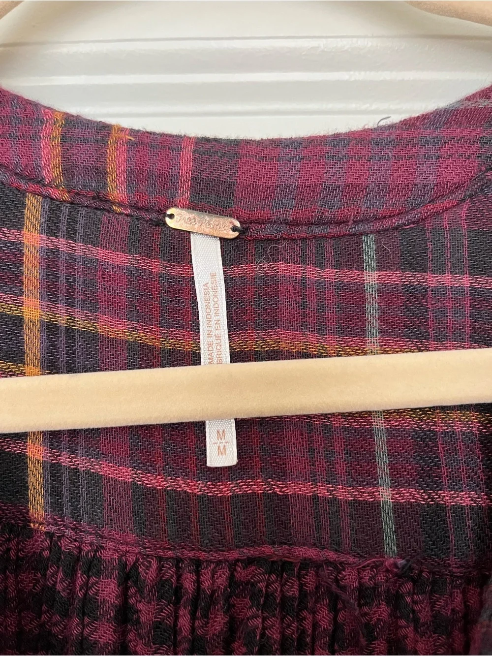 Free People Burgundy Plaid Button-Down Tunic with Mustard Stripes